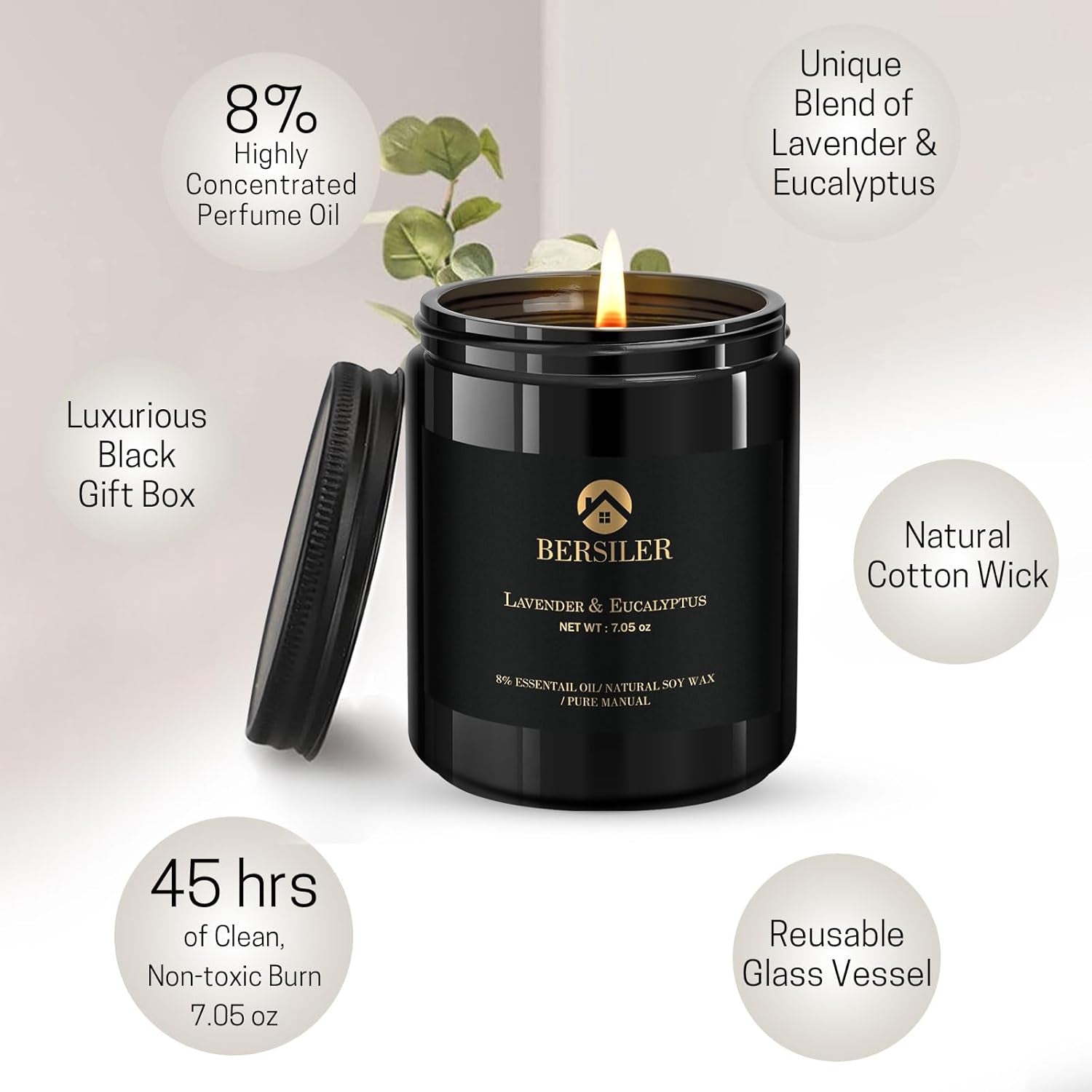 Lavender Eucalyptus Scented Candles for Home - Masculine Black Candles Gift for Men - Stress Relief Gift for Men, Women & Home