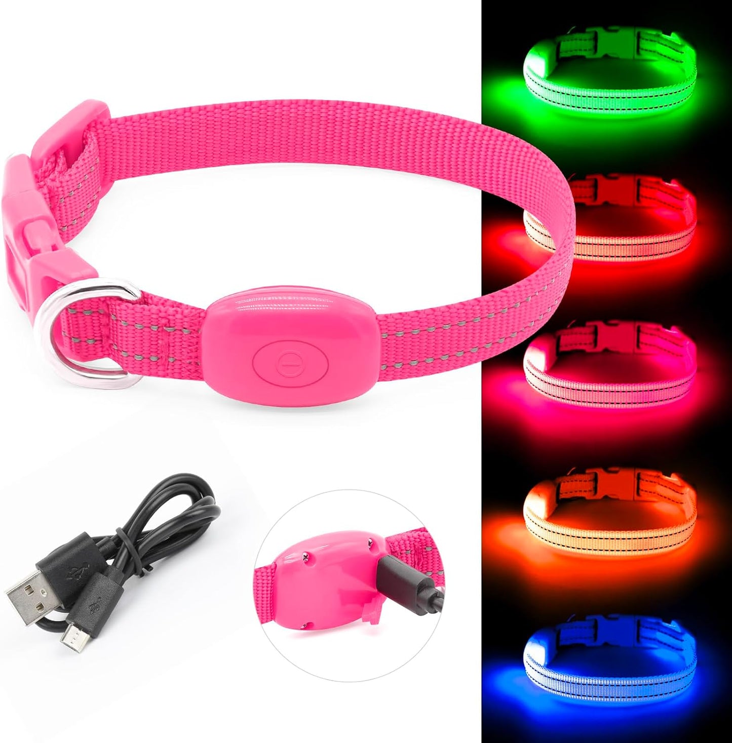 Light up Dog Collar, Rechargeable LED Dog Collar Glow in the Dark Cat Collar Reflective Puppy Collar Safety Dog Lights for Night Walking (Pink, XS)