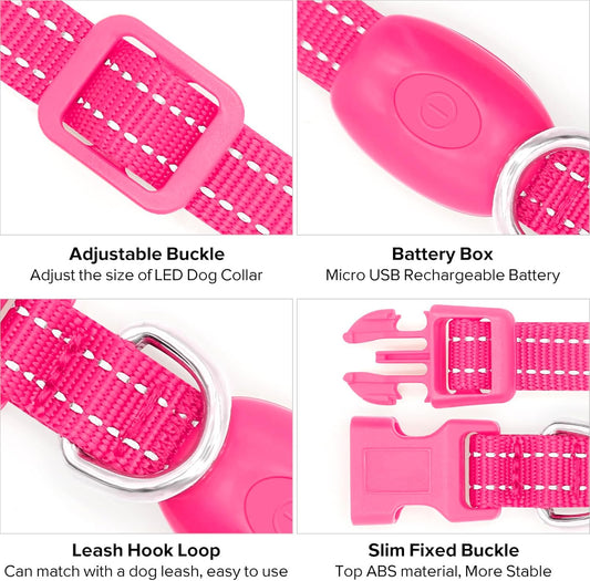 Light up Dog Collar, Rechargeable LED Dog Collar Glow in the Dark Cat Collar Reflective Puppy Collar Safety Dog Lights for Night Walking (Pink, XS)