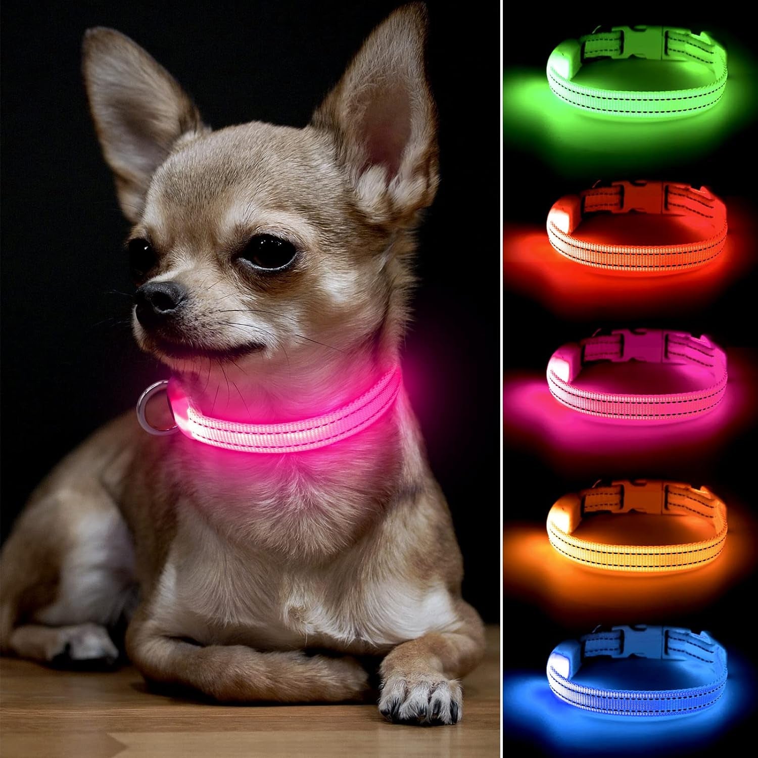 Light up Dog Collar, Rechargeable LED Dog Collar Glow in the Dark Cat Collar Reflective Puppy Collar Safety Dog Lights for Night Walking (Pink, XS)
