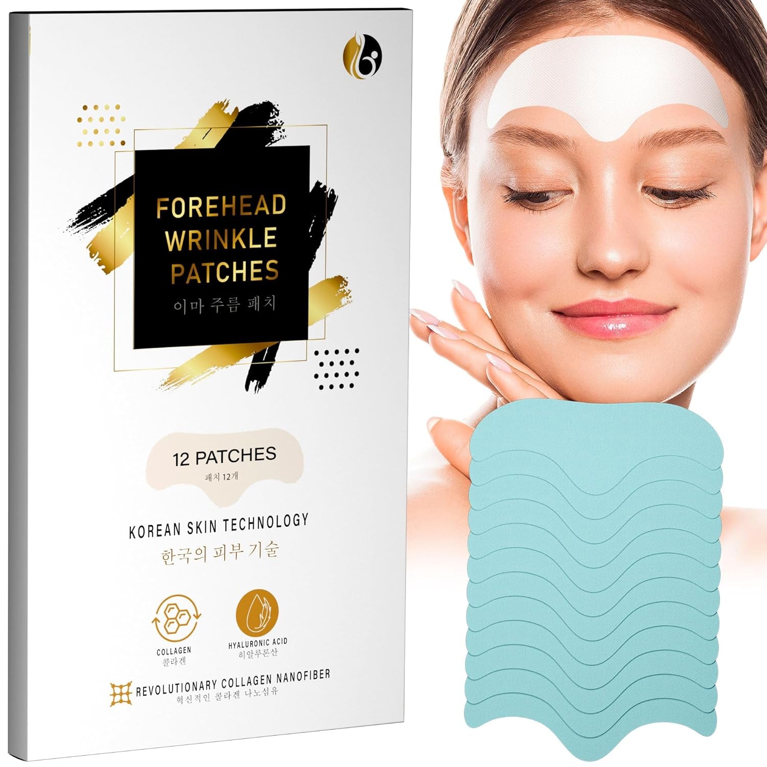 Forehead Wrinkle Patches 12Pcs - anti Wrinkle Patch with Marine Collagen and Hyaluronic Acid - Forehead Wrinkle Treatment - Skin Technology from Korea