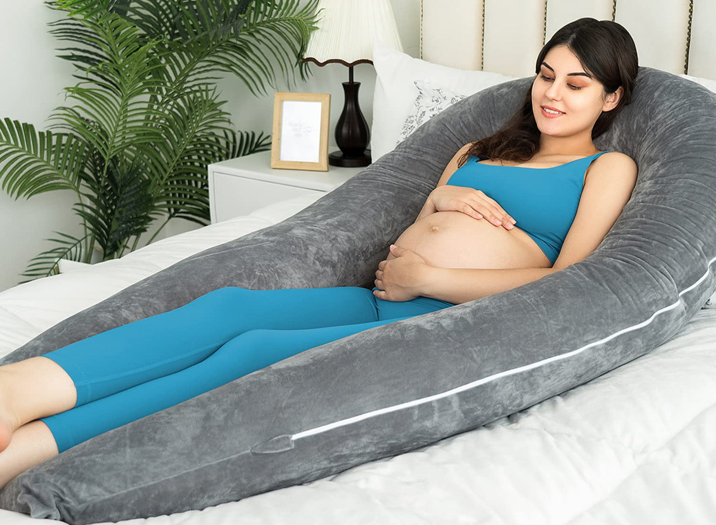 Pregnancy Pillows for Sleeping, U Shaped Body Pillow for Pregnancy, 65 Inch Maternity Pillow for Tall Pregnant Women with Gray Velvet Cover